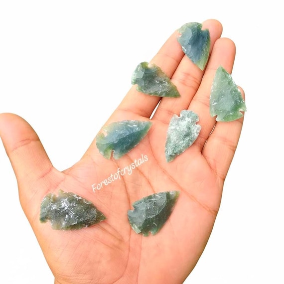 Moss Agate Arrowhead Carving: Natural Good Luck Stone