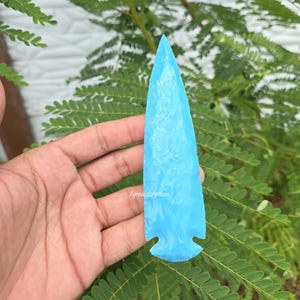 Hand Carved Blue Turquoise Glass Arrowhead: 6&quot; Collectible Art