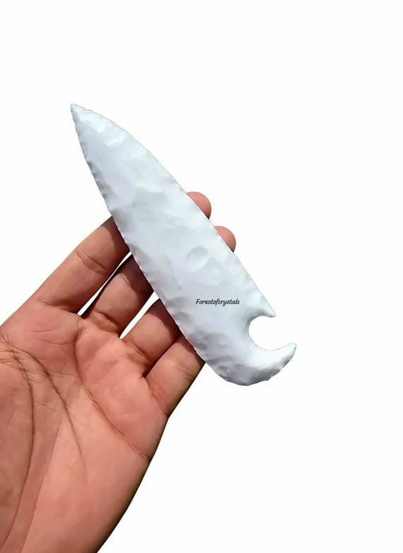 Hand-Knapped White Jade Glass Dagger: Ritual Knife, Spiritual Decor (5.5-6 Inch