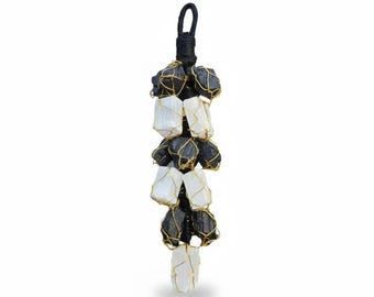 Black Tourmaline and Selenite Protection Hanging | Home and Car Crystal Decor Energy Cleansing & Positivity Ornament 15cm Raw Stone Shield