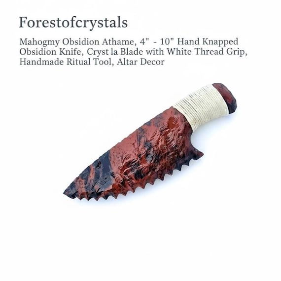 Mahogany Obsidian Athame, 10" Hand Knapped Obsidian Knife, Crystal Lava Blade with White Thread Grip, Handmade Ritual Tool, Altar Decor