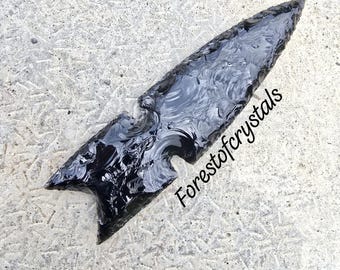 手作りの黒曜石ナイフ、刃渡り11インチ、黒曜石の槍先、原始的な石器
