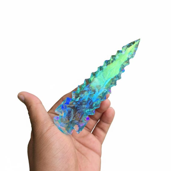 Aqua Angel Aura Obsidian Arrowhead: Rainbow Titanium Altar Decor