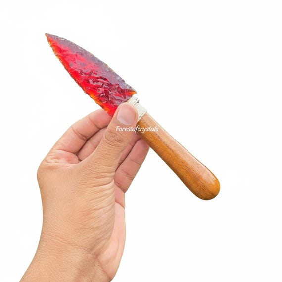8 Inch Red Obsidian Arrowhead With Wooden Handle- Unique Handcrafted Arrowhead Knife- Stone Blade Dagger- Decorative Native American Style