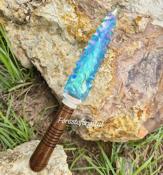 Aura Quartz Crystal Arrowhead Knife: Witchy Altar Athame, Crystal Decor