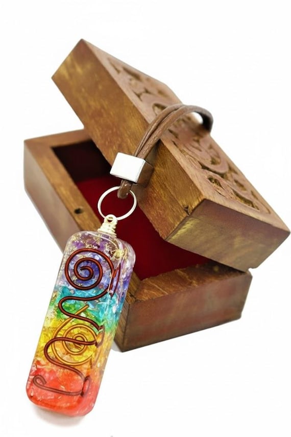 Natural 7 Chakra Rainbow Layer Orgone Pendant with Wooden Box Cord Necklace EMF & 5G Protection
