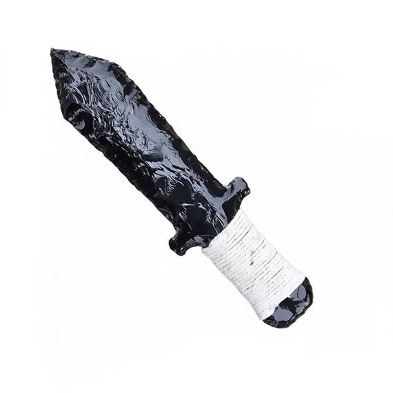 Handmade Black Obsidian Sword with White Thread - Viking Style Lava Blade
