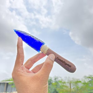 Blue Obsidian Arrowhead Knife: Handmade Crystal Glass Altar Decor