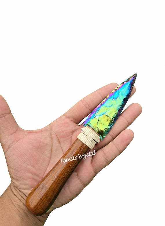 Iridescent Titanium Aura Quartz Arrowhead Wand: Altar Tool, Metaphysical Decor