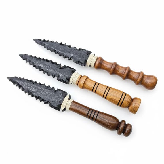 10 Inch Large Black Obsidian Arrowhead With Wooden Handle, Minimalist Collector's Knife, Custom Obsidian Arrowhead, Handmade Stone Dagger