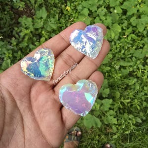 Angel Aura Quartz Heart: Rainbow Titanium Coated Opalite Crystal, 30mm
