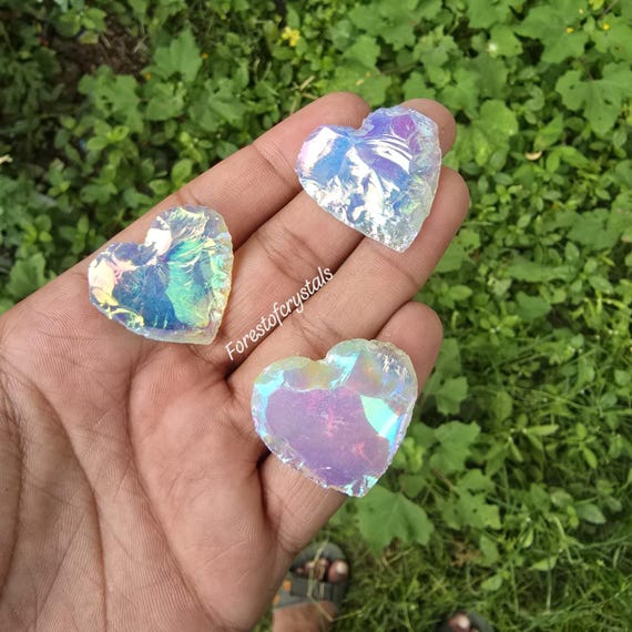 Angel Aura Quartz Heart: Rainbow Titanium Coated Opalite Crystal, 30mm