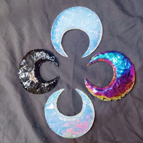 100mm Crystal Moon Set: Opalite, Obsidian, Aura Quartz - Metaphysical Celestial Decor