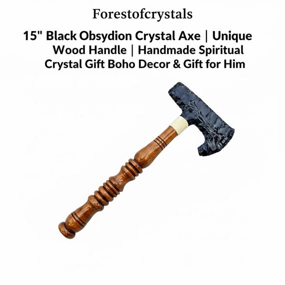 15" Black Obsidian Crystal Axe | Unique Wood Handle | Handmade Spiritual Crystal Gift Boho Decor & Gift for Him
