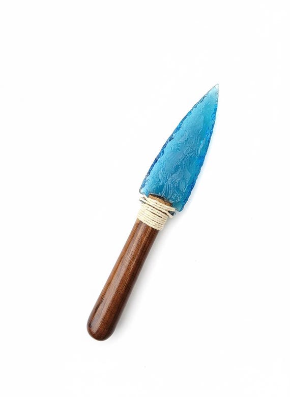 Amazing Rare Aqua Obsidian Arrowhead Crystal Gemstone Glass Knife With Wooden Handle Handmade Decorative Collectible Knife 8 Inch