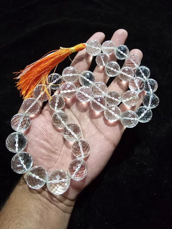 Very Rare Clear Quartz Mala Prayer Necklace, Premium Natural Spatik Jap Mala Faceted 12 to 24mm Beads Handcrafted For Meditation