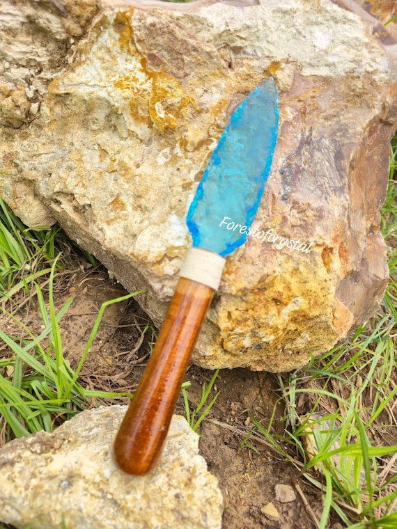 Blue Aqua Obsidian Glass Knife: Handmade Decorative Crystal Gemstone, 10 inch
