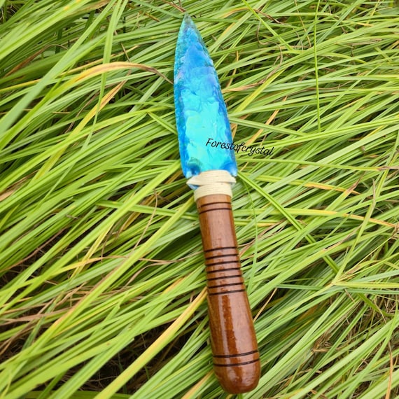 Aqua Aura Quartz Crystal Knife: Witchy Altar Athame, Crystal Decor