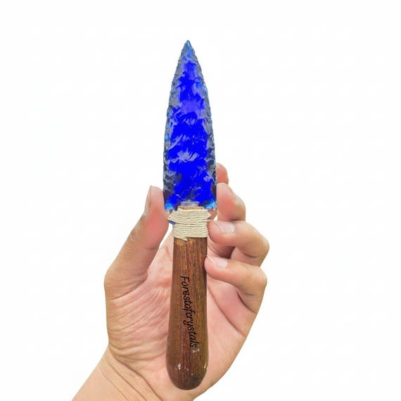 Blue Obsidian Arrowhead Knife: Handmade Crystal Glass Altar Decor