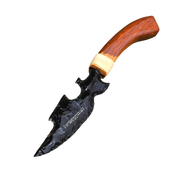 Hand Carved Obsidian Athame Knife: Rustic Wood Handle, Witchy Decor