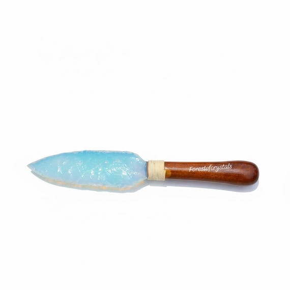 10" Opalite Arrowhead Knife with Wooden Handle | Iridescent Opalite Hand-Carved Arrowhead Dagger |Custom Opalite Blade with Rustic Wood Grip