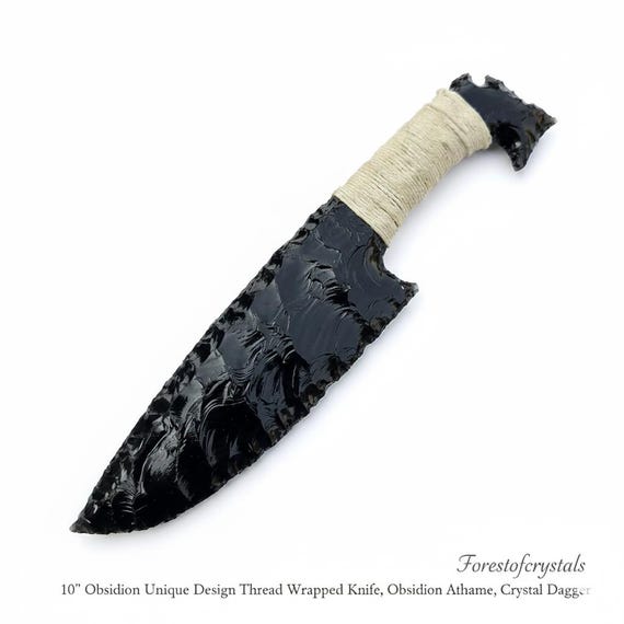 Obsidian Athame Knife, Curved Volcanic Glass Blade, 10 Inch Lava Stone Dagger, Thread-Wrapped Handle Collectible Decorative Gift for Hunters