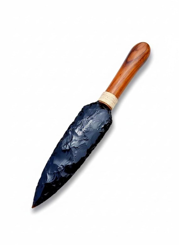 Hand Carved Obsidian Arrowhead Knife: Rustic Wood Handle, Witchy Decor