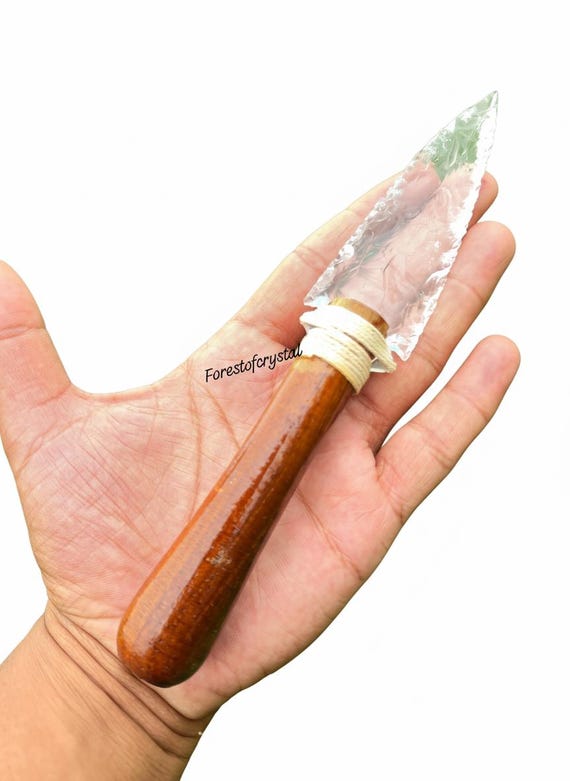 Hand Knapped Crystal Blade Knife: Wooden Handle, Metaphysical Altar Decor