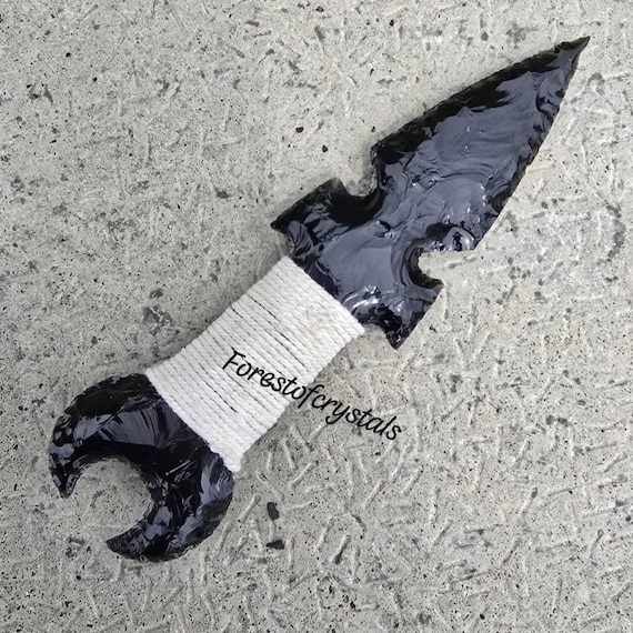 Obsidian Moon Dagger: Black Athame Knife with White Thread