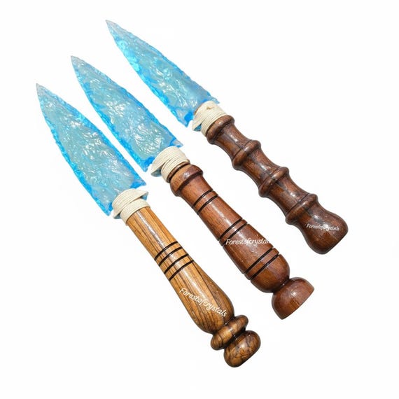 10 Inch Large Blue Aqua Obsidian Arrowhead With Wooden Handle, Minimalist Collector's Knife, Custom Aqua Arrowhead, Handmade Glass Dagger