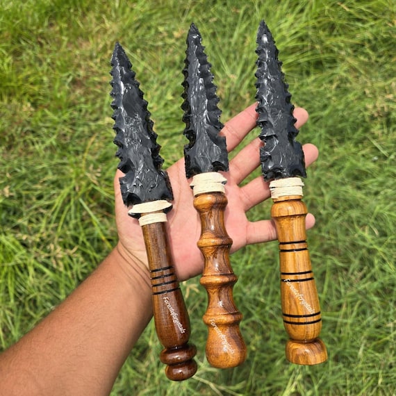 10 Inch Large Black Obsidian Arrowhead With Wooden Handle, Minimalist Collector's Knife, Custom Obsidian Arrowhead, Handmade Stone Dagger