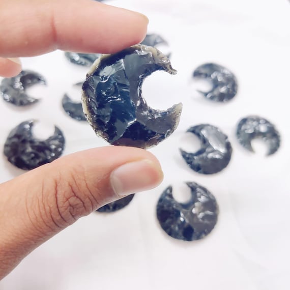 Black Obsidian Crescent Moon Pendants: Handmade Crystal Charms, 10 Pieces
