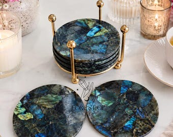 Labradorite Coaster Set: Natural Stone, Earthy Tabletop Decor