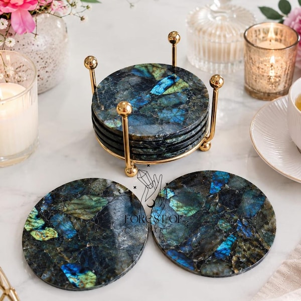 Labradorite Coaster Set: Natural Stone, Earthy Tabletop Decor