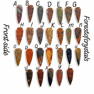 May include: A display of twenty-six arrowheads, each with a unique pattern and colour, arranged in rows and columns. The arrowheads display a variety of colours, including red, brown, black, and green. The text "Forestofcrystals" and "Front side" are visible.