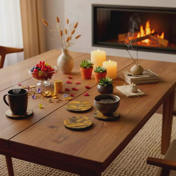 Tiger Eye Coaster Set 4Pcs | Polished Gemstone Drink Coasters | Square Sliced Crystal Unique Home Bar Decor | Chakra Gift for Men/Women