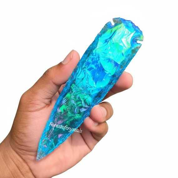 6 Inch Aqua Obsidian Angel Aura Arrowhead: Rainbow Titanium Quartz, Healing Crystal Decor