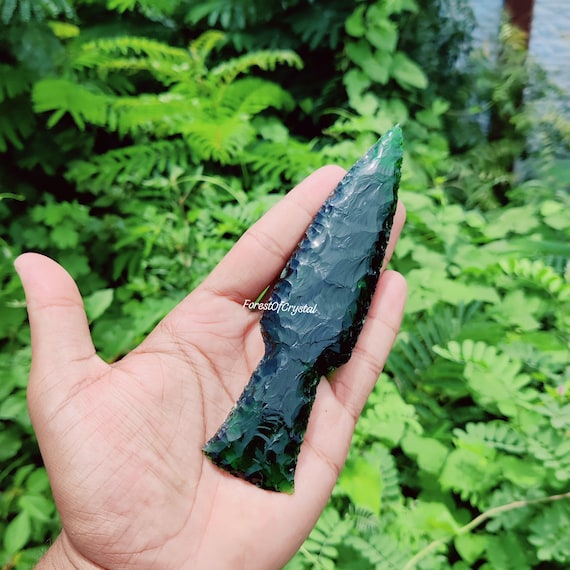 Green Obsidian Glass Spearhead: Hand Knapped Crystal Arrowhead, Healing Gemstone