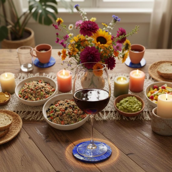 Lapis Lazuli Coasters Set of 4, 4 Inch Round Blue Gemstone Coaster, Modern Boho Home Decor, Unique Housewarming Gift