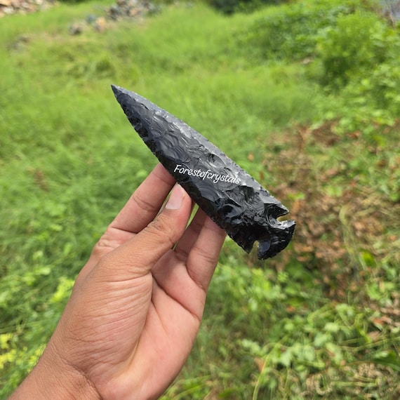Hand-Knapped Black Obsidian Arrowhead: 6" Crystal Tool