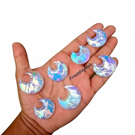 Angel Aura Quartz Crescent Moon: Rainbow Titanium Coated Opalite Crystal