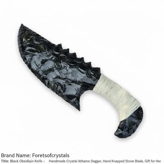 Large 10" Hand-Knapped Obsidian Knife - Thread-Wrapped Handle - Collector's Lava Blade Art - Unique Ritual Athame Dagger