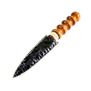 Hand-Knapped Black Obsidian Dagger with Ergonomic Turned Wood Handle – Primitive Tribal Style Athame, Ceremonial Knife, Unique Artisan Gift