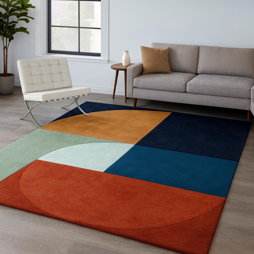 Bright Colorblock Rug Geometric Color Block Rug Hand Tufted Contemporary Area Carpet ...