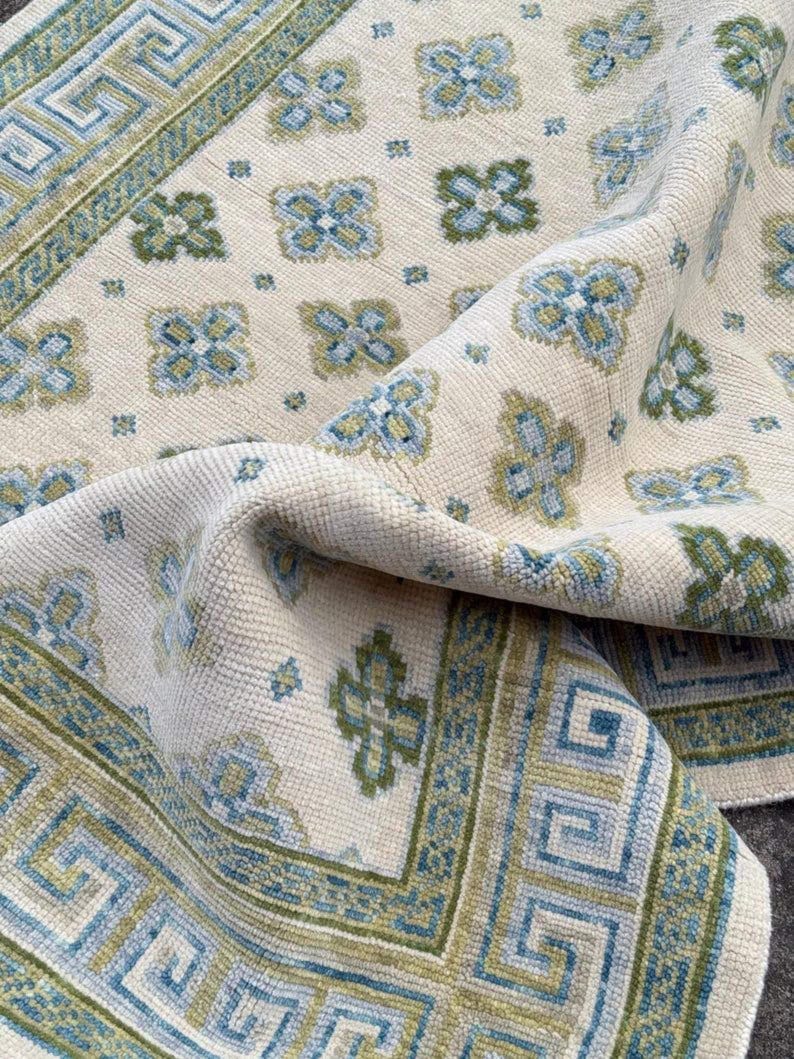 Vintage Style Blue Green Rug, Hand Tufted Wool Rug, Greek Key Border ...
