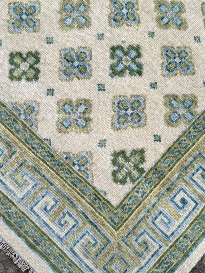 Vintage Style Blue Green Rug, Hand Tufted Wool Rug, Greek Key Border ...