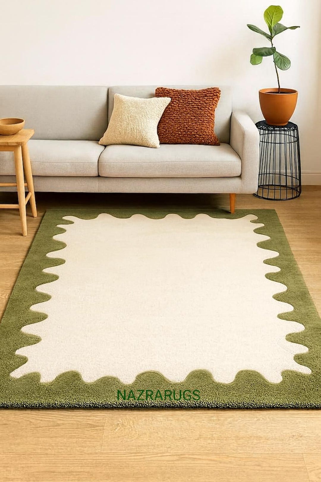 Olive Green Abstract Border Rug Modern Minimalist Area Rug for Living ...