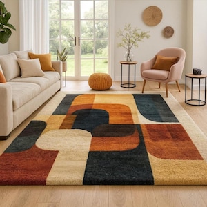 Mid Century Modern Hand Tufted Rug, Abstract Geometric Area Rug, 9x12 Large Living Room Rug, Modern Wool Carpet, Boho Retro Home Decor 8x10