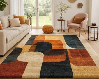 Alfombra moderna de mediados de siglo de 9x12, tejida a mano, alfombra geométrica abstracta, alfombra grande para sala de estar, alfombra moderna de lana, decoración para el hogar estilo boho retro.