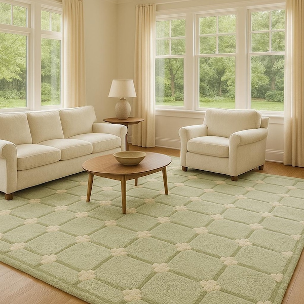 Green Checkered Tufted Area Rug Soft Modern Geometric Carpet for Living Room, Bedroom, Aesthetic Home Decor Handmade Handtufted 5x8 6x9 8x10